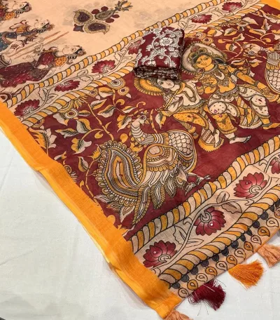 Kalamkari Style Linen Printed Saree - Mustard Yellow